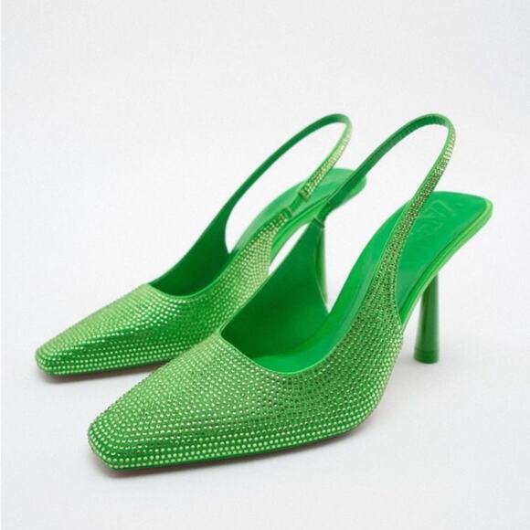 New Zara Kelly Green All Over Crystal Rhinestones Slingback Heels Size 41 - Picture 1 of 13